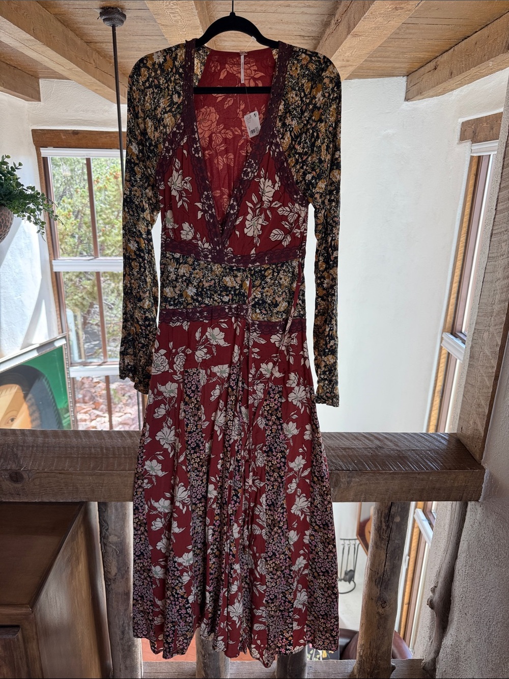 Free People Burgundy Floral Long Sleeve Wrap Midi Dress